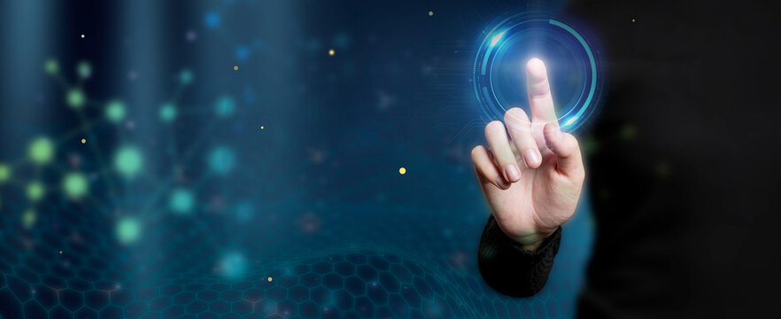 Web banner-Hand touching virtual interface technology-Copy space-dark background.