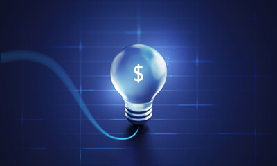 Dollar money icon business lightbulb idea symbol on 3d finance lamp sign inspiration background strategy invest currency concept or success financial light energy innovation growth economy technology.