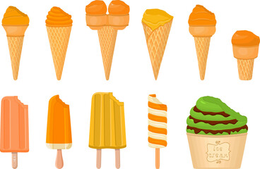 big kit ice cream popsicle different types in cone waffle cup