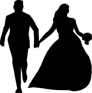 silhouette of bride and groom running