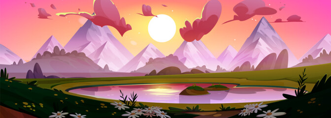 Sunrise in mountain sky cartoon landscape vector background. Lake and sun in summer morning with nature scenery. Pink water on sunset peaceful heaven wilderness panorama with chamomile flower.
