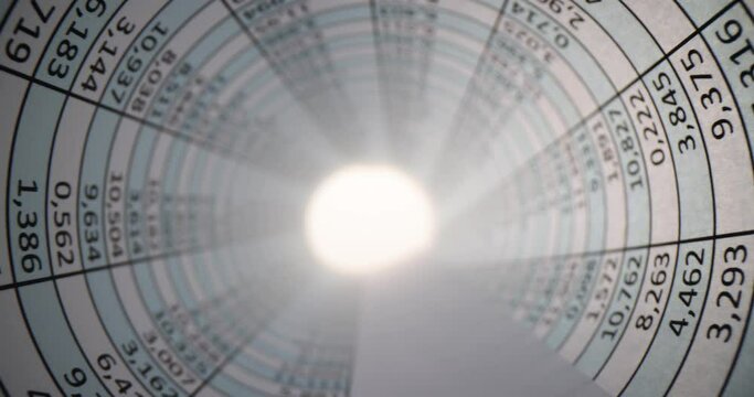 Twisted investigation papers roll with digits and statistics. Bright light spreads through hole illuminating accounting document with data