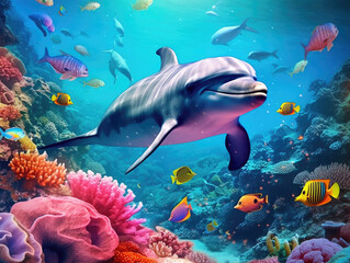 Fototapeta na wymiar Dolphin with group of colorful fish and sea animals with colorful coral underwater in the ocean