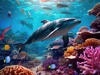 Dolphin with group of colorful fish and sea animals with colorful coral underwater in the ocean