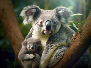 Fototapeta premium A mother koala with her baby in the forest