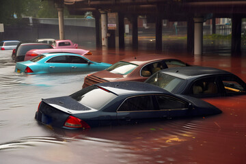 Flooded cars up to the roof in the water after heavy rains in the city, a local cataclysm of the vagaries of nature. Generative AI