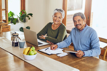 Portrait, budget and senior couple with bills, paperwork and finance documents for life insurance. Retirement, planning and happy elderly man and woman on laptop for pension, payment and investment