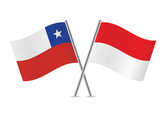 Chile and Indonesia crossed flags. Chilean and Indonesian flags on white background. Vector icon set. Vector illustration.