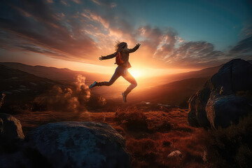 Woman Is Jumping In Air At Sunset. Generative AI