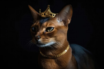 Beautiful Abyssinian Cat In Gold Crown On Matte Black Background. Generative AI