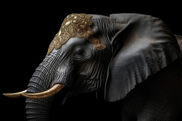 Beautiful African Elephant In Gold Crown On Matte Black Background. Generative AI