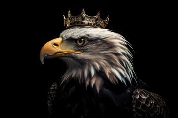 Fototapeta premium Beautiful Bald Eagle In Gold Crown On Matte Black Background. Generative AI