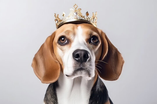 Beautiful Beagle Dog In Gold Crown On White Background. Generative AI