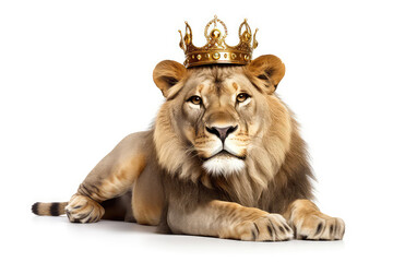 Obraz na płótnie Canvas Beautiful Lion In Gold Crown On White Background. Generative AI