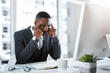 Corporate black man, headache and stress in workplace with burnout, depression and pain in office....