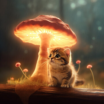 Little cute cat sits under a shining big mushroom