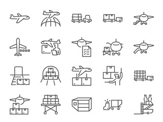 Air freight icon set. It included the shipping, plane, container, flight, cargo, and more icons.
- 603601816
