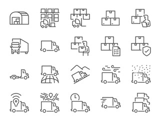 Truck Logistics icon set. It included the cargo, trailer, delivery, container, depot, and more icons.
