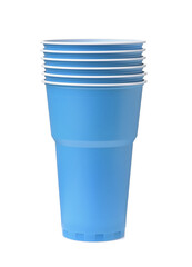 Stack of blue disposable plastic beer cups