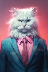 Angora cat in jacket and tie, half - length frontal view, gradient background