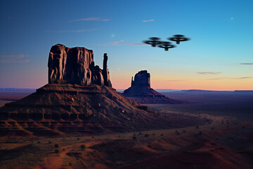 A flying drone in Monument Valley, created with generative AI tools.