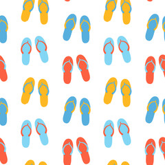 Seamless pattern of colorful hand drawn flip flop in flat vector style. Print design for children apparel, textile, wallpaper, packaging