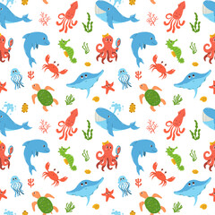 Seamless pattern of colorful hand drawn marine animals and algae, corals underwater world in flat vector style. Print design for children apparel, textile, wallpaper, packaging