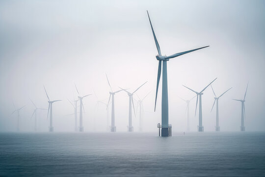 Row of floating wind turbines during hazy day. Generative ai