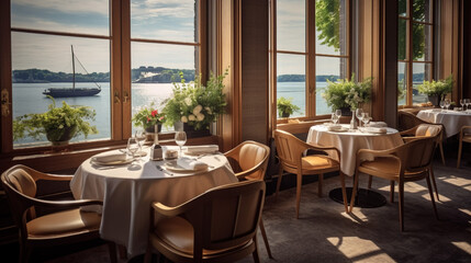 Fototapeta na wymiar Savor the flavors of luxury, Tables at a modern upscale gourmet restaurant with sea view, Generative AI
