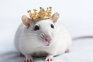 Beautiful Rat In Gold Crown On White Background. Generative AI