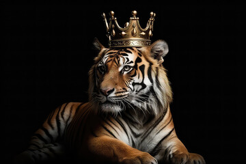 Obraz premium Beautiful Siberian Tiger In Gold Crown On Matte Black Background. Generative AI