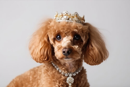 Beautiful Poodle Dog In Gold Crown On White Background. Generative AI
