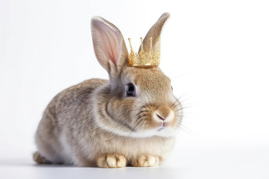 Beautiful Rabbit In Gold Crown On White Background. Generative AI