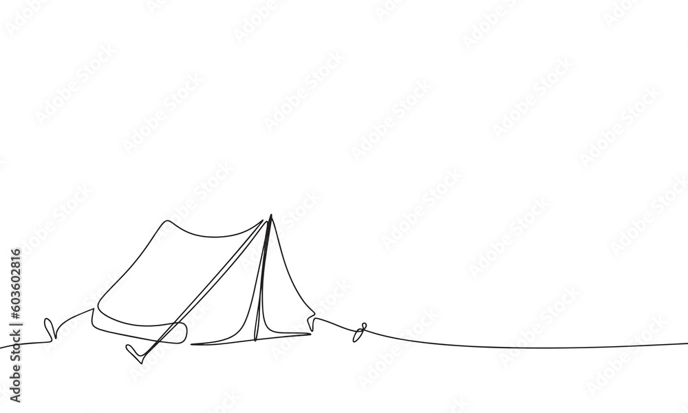 Poster camping tent continuous line drawing element isolated on white background for decorative element. ve
