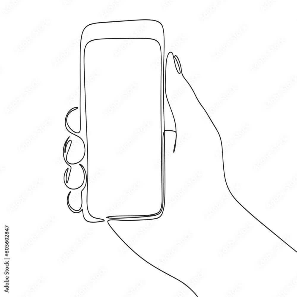 Poster phone in hand continuous line drawing element isolated on white background for decorative element. v