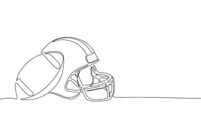 American football helmet and ball continuous line drawing element isolated on white background for decorative element. Vector illustration of gridiron in trendy outline style. © clelia-clelia