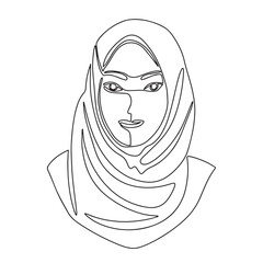 Arabic woman in hijab, continuous line drawing element isolated on white background for decorative element. Vector illustration of face of Arabic woman in trendy outline style.