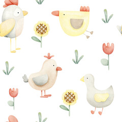 Cute birds and flowers. Watercolor seamless pattern for children. On a white background. For baby shower, textiles, nursery decor, packaging, wrapping paper and scrapbooking