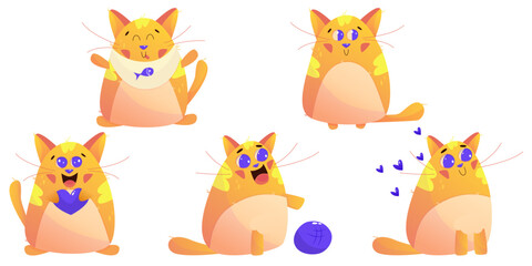 Cute Kawaii Cat Character set happy animal. Orange Cute cat pet. Cartoon vector illustration. Happy kitten meow kawaii character