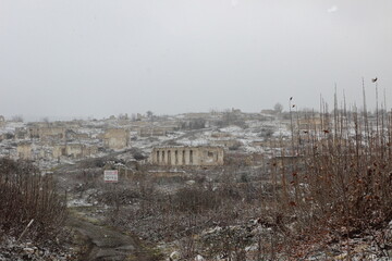 Fototapeta premium Fuzuli City, Fuzuli district Azerbaijan - February 25 2023: Fuzuli City after The Second Nagorno-Karabakh War in 2020. The city had a population of 17,090 before the First Nagorno-Karabakh War. 