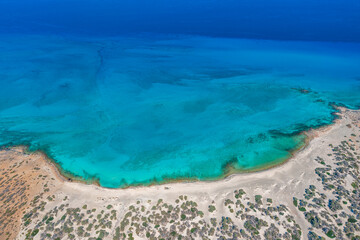 Aerial view of the exotic Chrysi island at the south of Crete, with the amazing Golden Beach, Greece