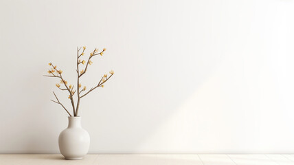 Minimalistic white background with flowers in a vase