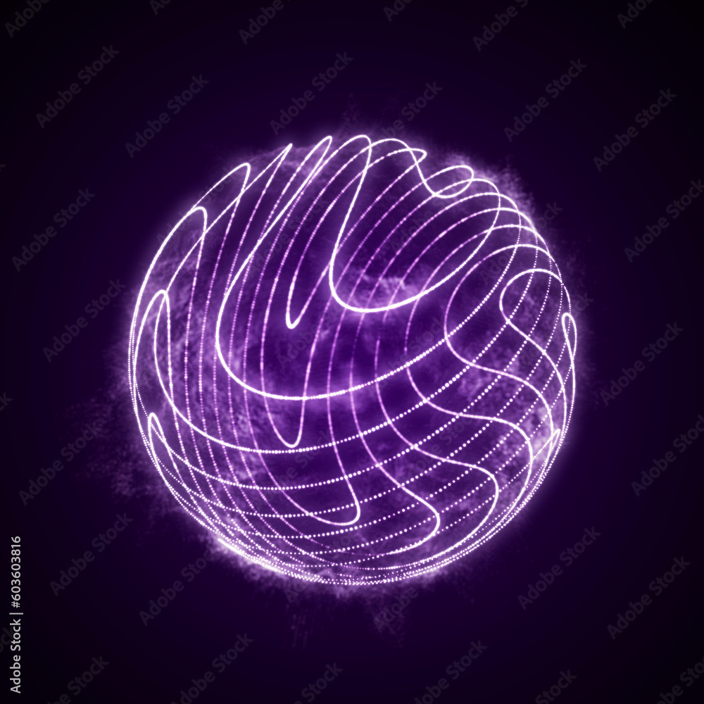 Poster sphere of purple particles in cyberspace. impulse dynamic flow of global energy energy. futuristic t