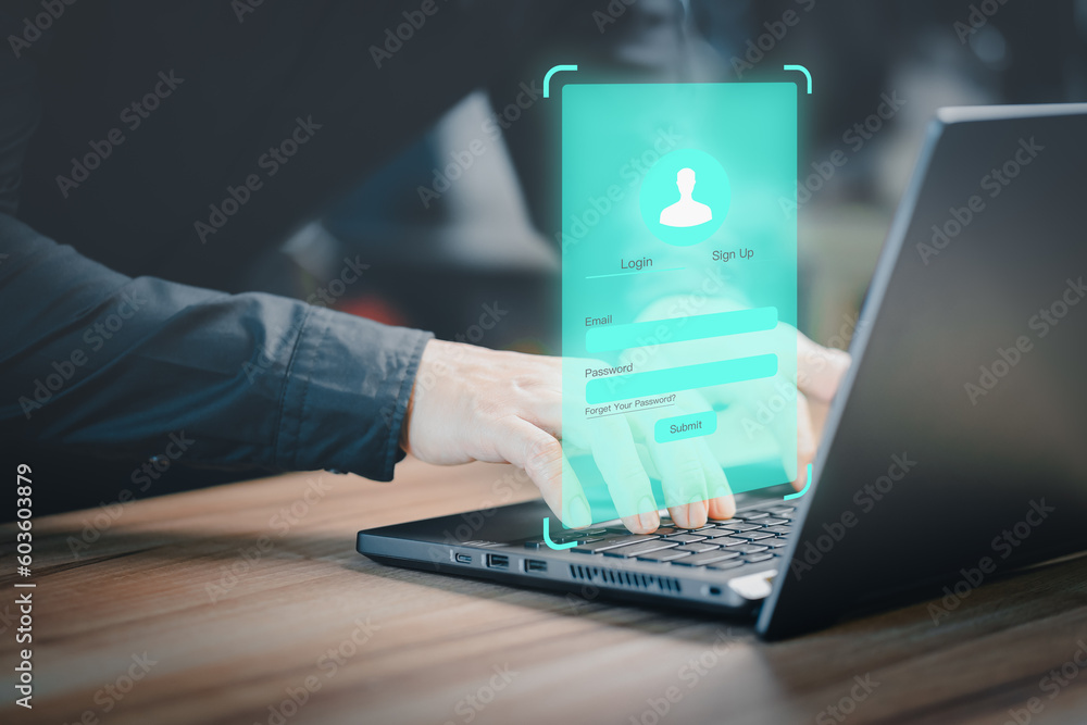 Poster Adult Man type his user and password on a computer laptop. Cyber security concept to protect personal data. Secure encryption and access to the user's private information to access the internet.