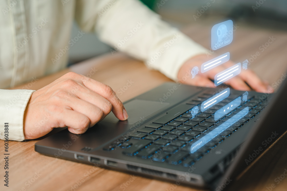 Poster Adult man using a laptop computer chatting with chat bot, Chat with smart AI or Artificial Intelligence technology. Futuristic technology transformation. Chatbot ai communication.