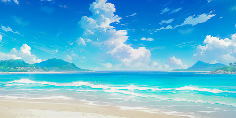 Obraz premium beach paradise tropical sands and sea background banner anime cartoon style, generated ai, generated, ai