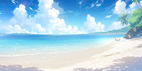beach paradise tropical sands and sea background banner anime cartoon style, generated ai, generated, ai