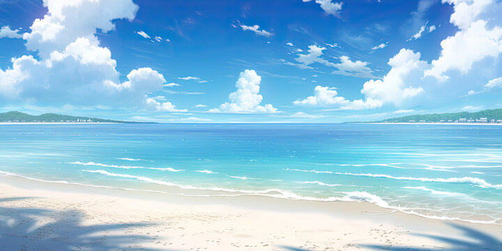 beach paradise tropical sands and sea background banner anime cartoon style, generated ai, generated, ai