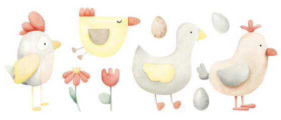 Set of cute color birds, red flowers and eggs. Simple watercolor children's illustration. Isolated on a white background. For baby shower, textiles, nursery decor, packaging, wrapping paper © Fedulova_art