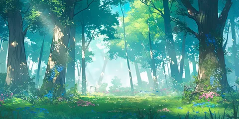 Keuken foto achterwand Sprookjesbos anime cartoon style woodland forest background banner, generated ai, generated, ai